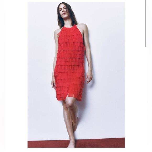 Zara FRINGED TULLE HALTER DRESS Size Small - Picture 5 of 13